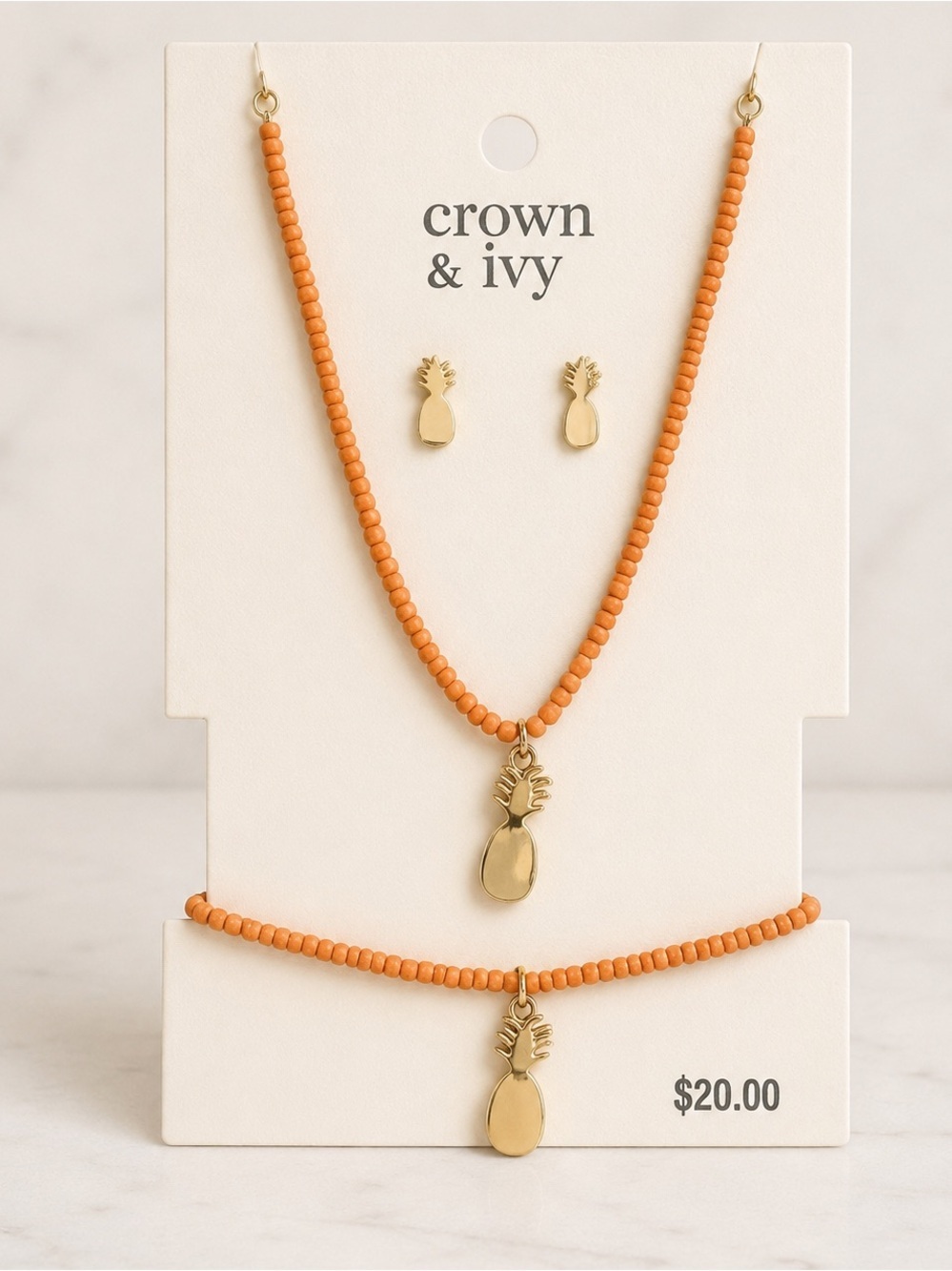 Crown & Ivy Pineapple Jewelry Set NWT Coral Beaded Necklace Bracelet Earrings